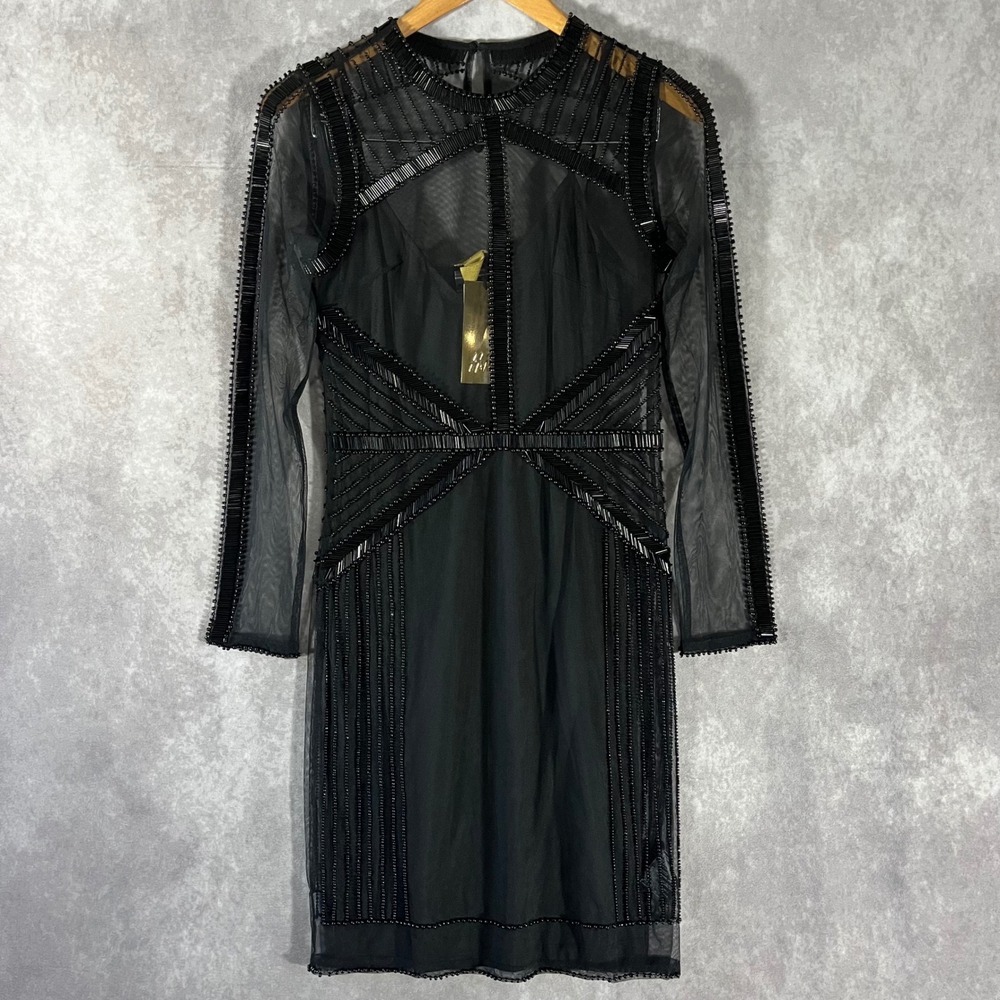 H&M Beaded Mesh Mini Dress Womens 6 Black Long Sleeve Geometric Embellished NEW